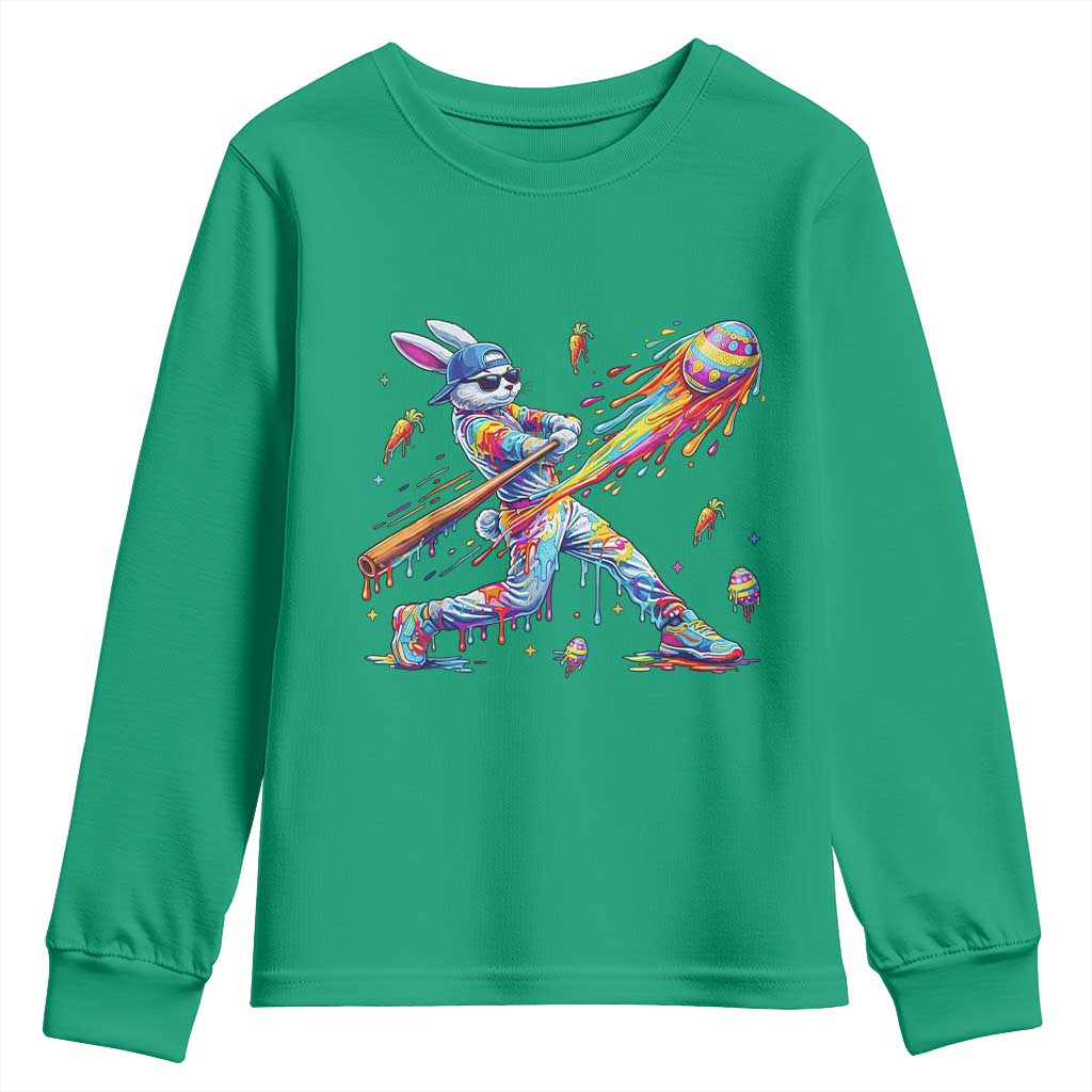 Cool Easter Bunny Baseball Player Neon Paint Splash Graphic Youth Sweatshirt Funny Rabbit Sports with Egg Bat Hit Gift