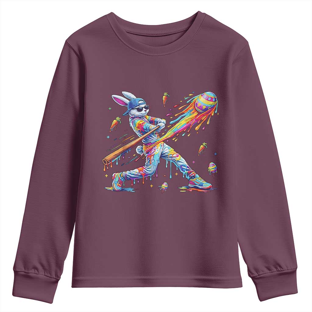 Cool Easter Bunny Baseball Player Neon Paint Splash Graphic Youth Sweatshirt Funny Rabbit Sports with Egg Bat Hit Gift