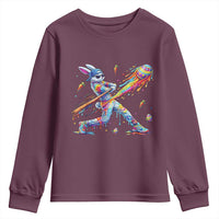 Cool Easter Bunny Baseball Player Neon Paint Splash Graphic Youth Sweatshirt Funny Rabbit Sports with Egg Bat Hit Gift