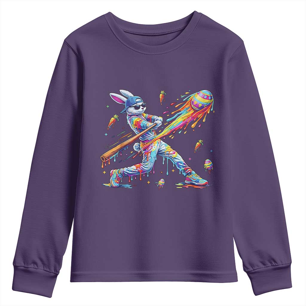 Cool Easter Bunny Baseball Player Neon Paint Splash Graphic Youth Sweatshirt Funny Rabbit Sports with Egg Bat Hit Gift