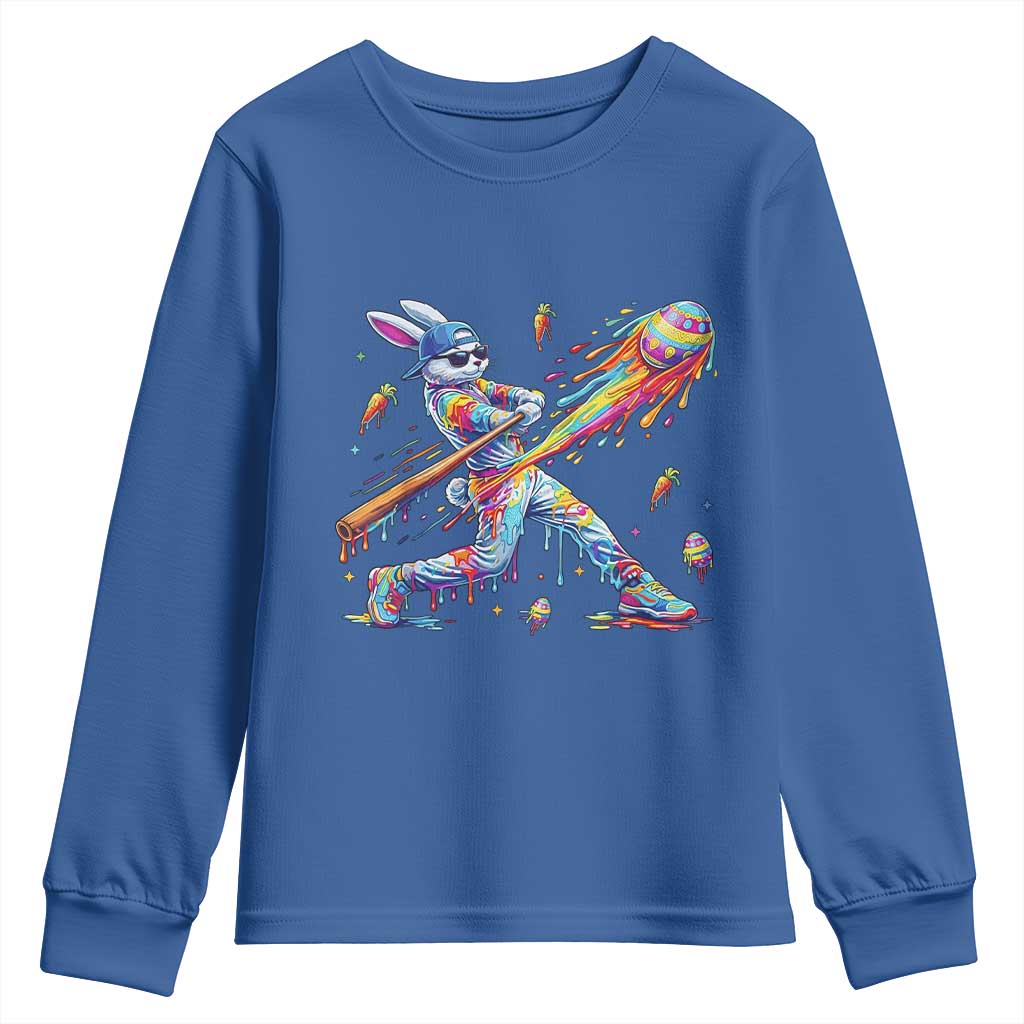 Cool Easter Bunny Baseball Player Neon Paint Splash Graphic Youth Sweatshirt Funny Rabbit Sports with Egg Bat Hit Gift
