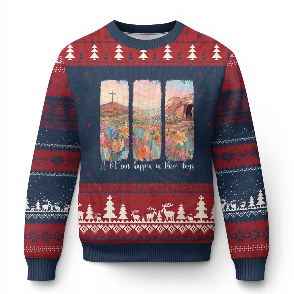 A Lot Can Happen In Three Days Christian Easter Ugly Christmas Sweater Empty Tomb Cross Landscape Faith Inspirational Gift