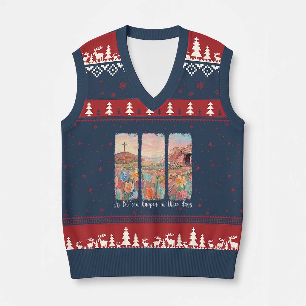 A Lot Can Happen In Three Days Christian Easter V-Neck Knit Sweater Vest Empty Tomb Cross Landscape Faith Inspirational Gift
