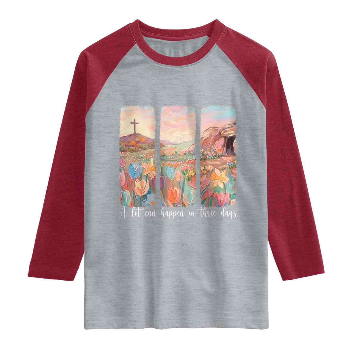 A Lot Can Happen In Three Days Christian Easter Raglan Shirt Empty Tomb Cross Landscape Faith Inspirational Gift