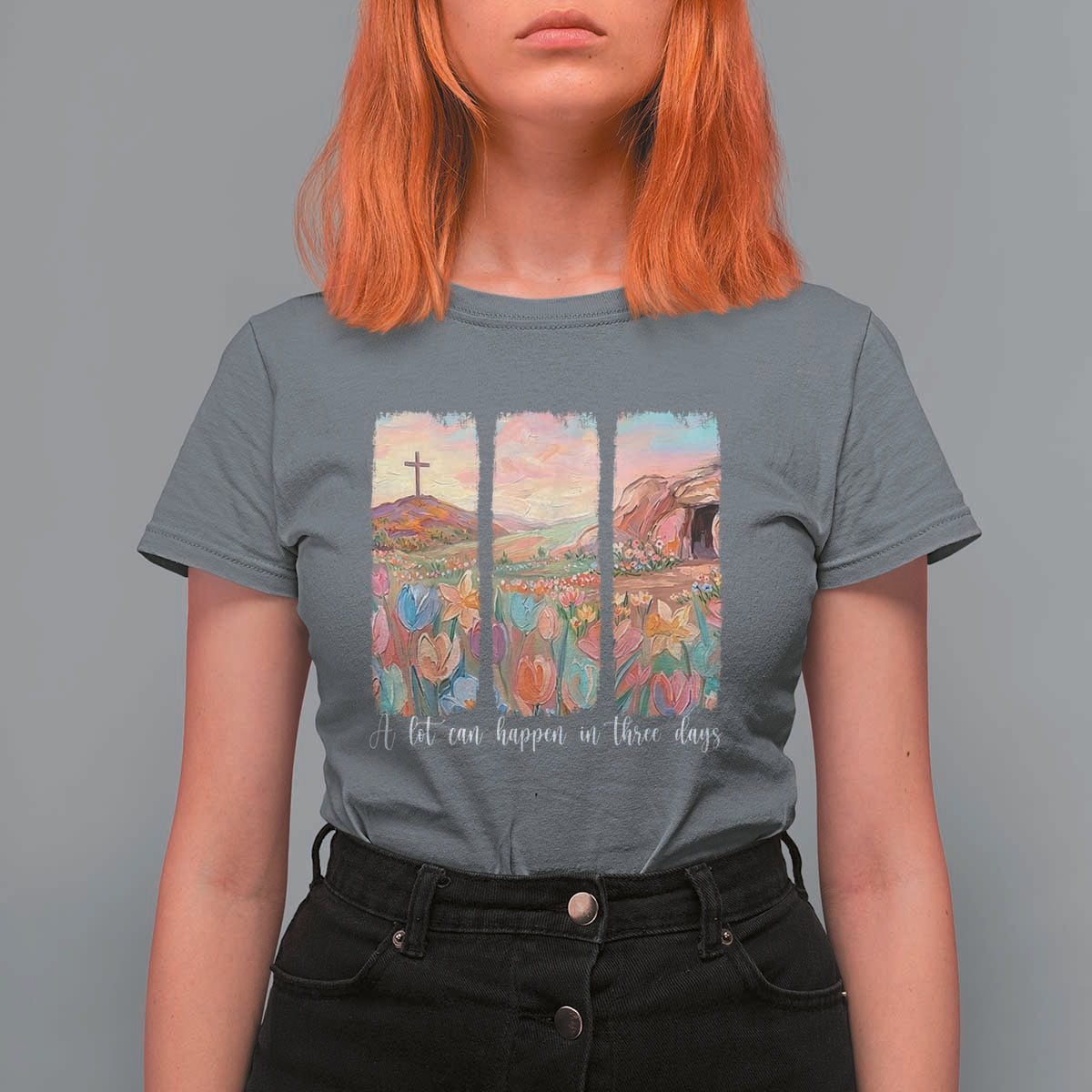 A Lot Can Happen In Three Days Christian Easter T Shirt For Women Empty Tomb Cross Landscape Faith Inspirational Gift
