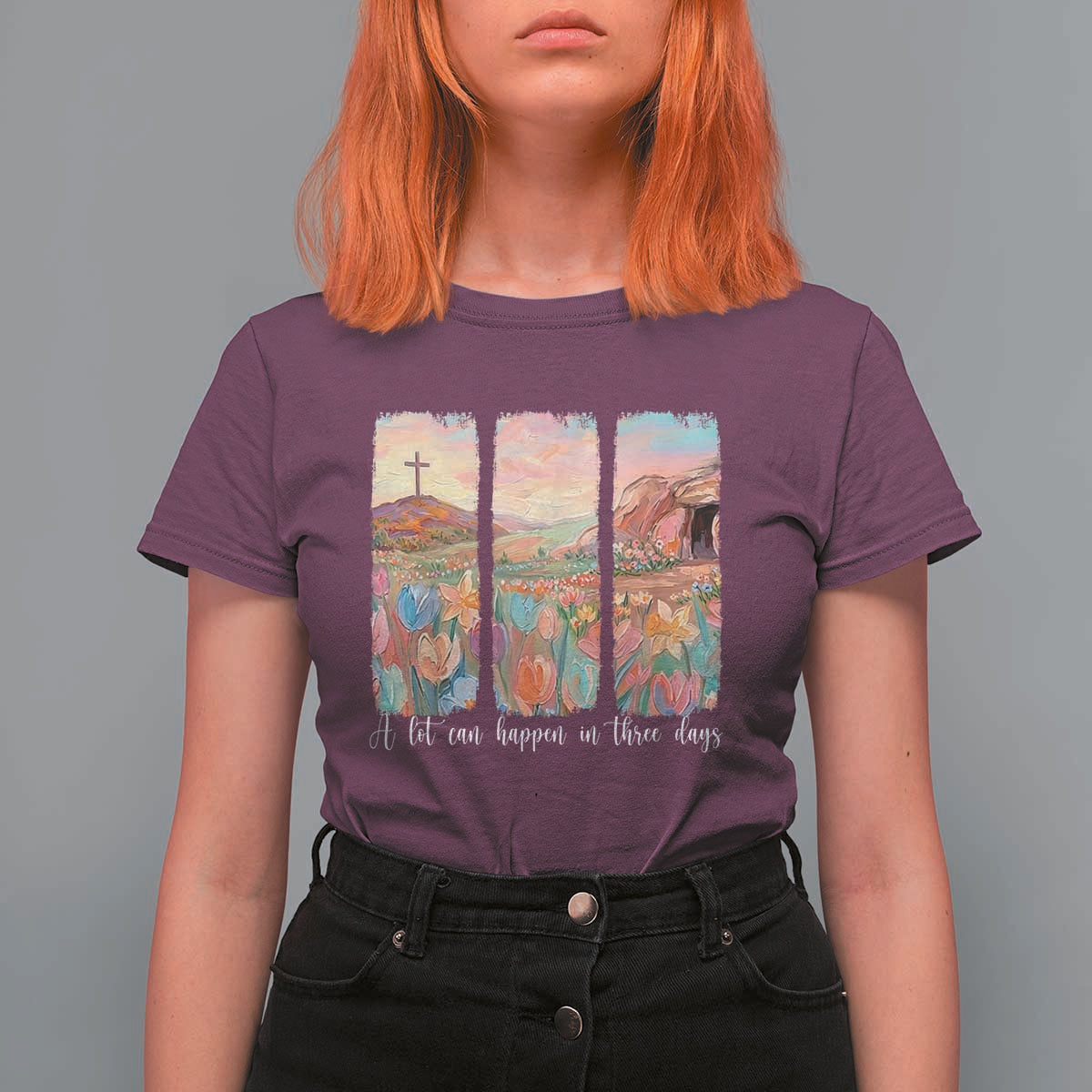 A Lot Can Happen In Three Days Christian Easter T Shirt For Women Empty Tomb Cross Landscape Faith Inspirational Gift