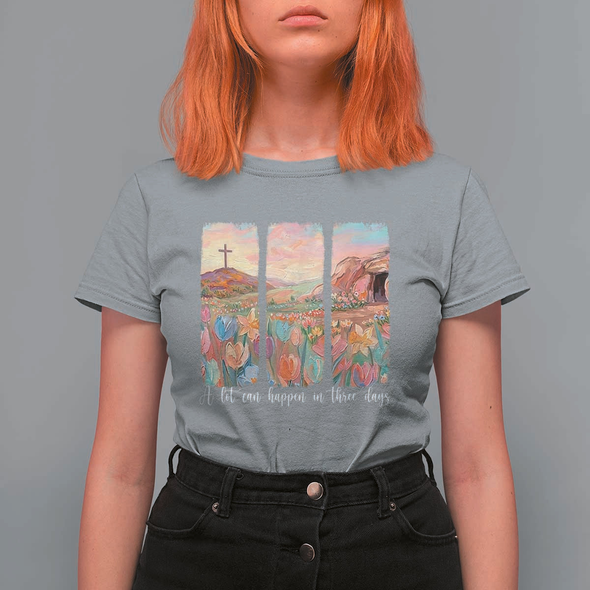 A Lot Can Happen In Three Days Christian Easter T Shirt For Women Empty Tomb Cross Landscape Faith Inspirational Gift