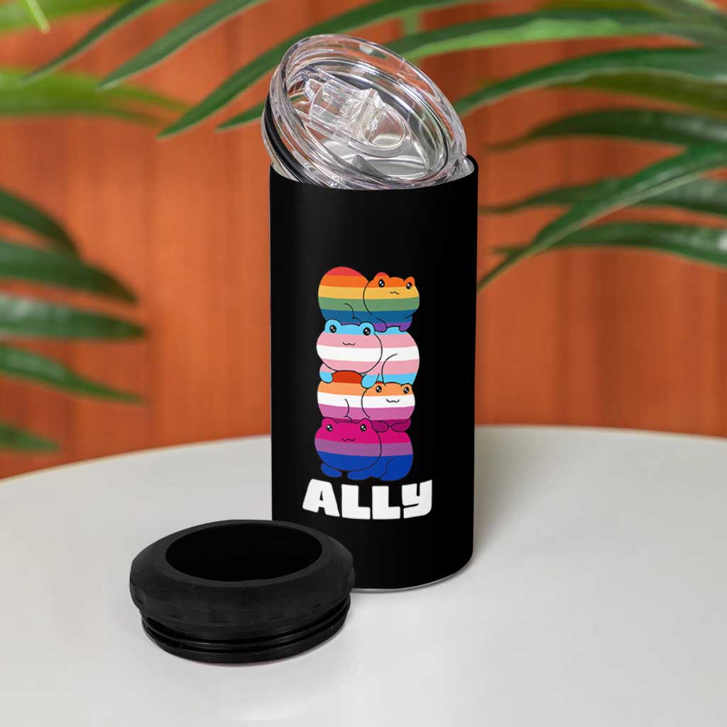 Colorful LGBTQ+ Ally Frogs Stack 4 in 1 Can Cooler Tumbler Kawaii Gay Pride Support