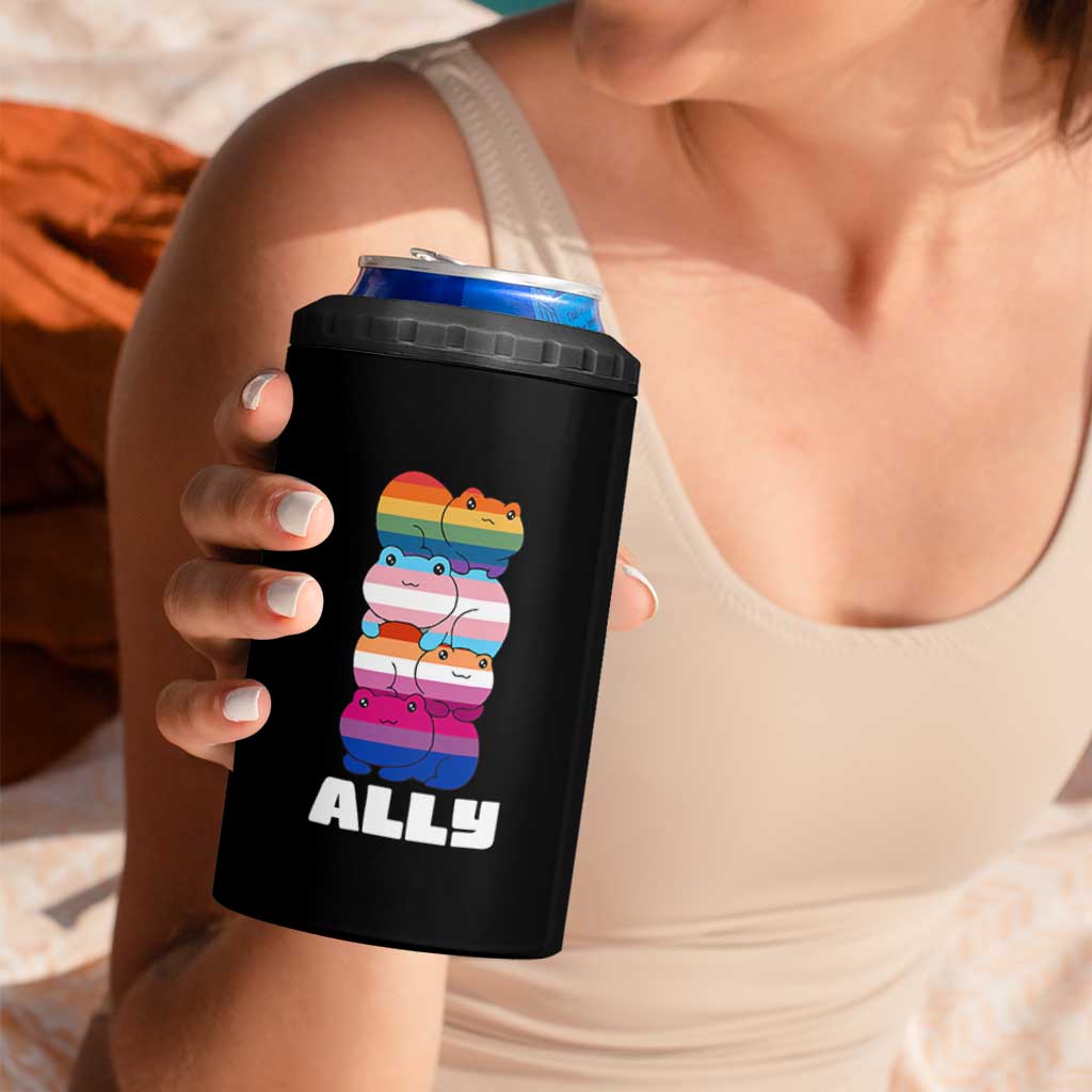 Colorful LGBTQ+ Ally Frogs Stack 4 in 1 Can Cooler Tumbler Kawaii Gay Pride Support