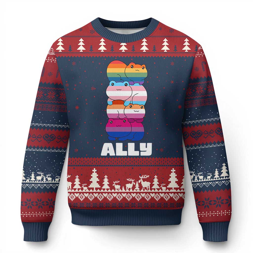 Colorful LGBTQ+ Ally Frogs Stack Ugly Christmas Sweater Kawaii Gay Pride Support - Wonder Print Shop