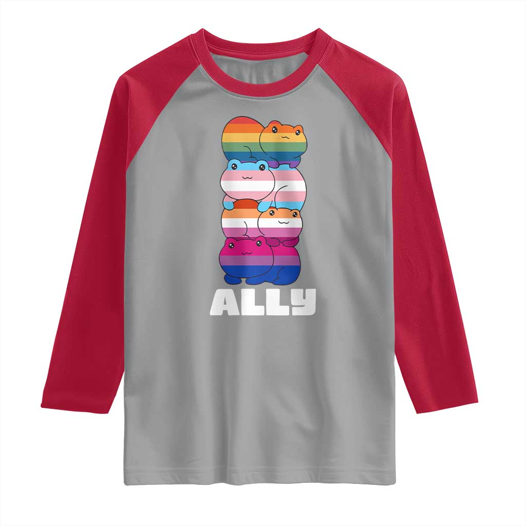 Colorful LGBTQ+ Ally Frogs Stack Raglan Shirt Kawaii Gay Pride Support