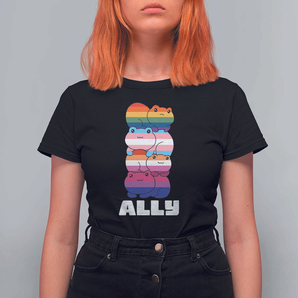 Colorful LGBTQ+ Ally Frogs Stack T Shirt For Women Kawaii Gay Pride Support