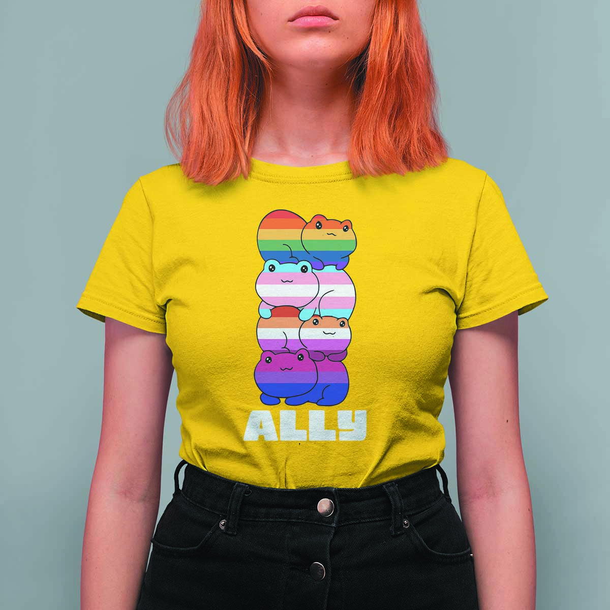 Colorful LGBTQ+ Ally Frogs Stack T Shirt For Women Kawaii Gay Pride Support