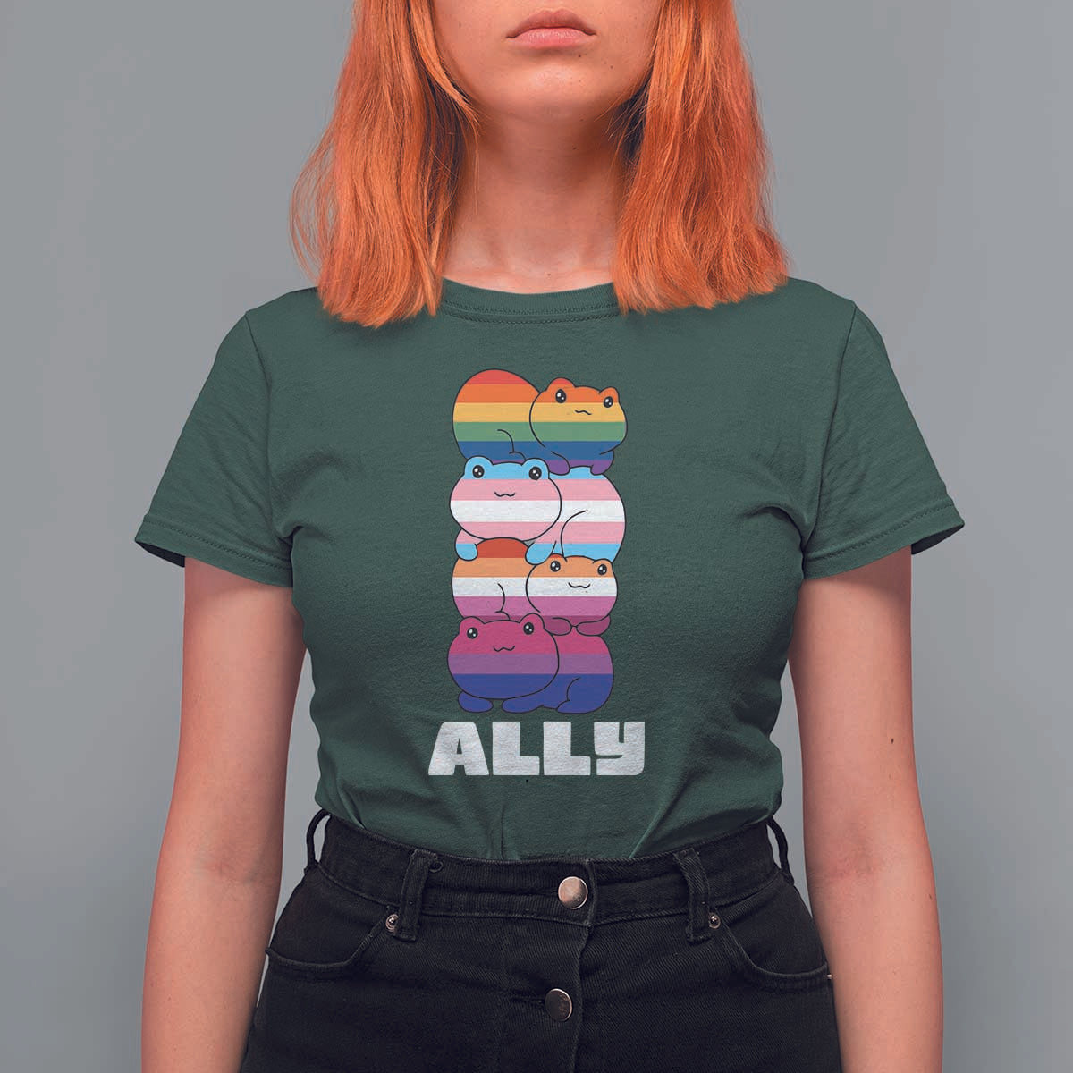 Colorful LGBTQ+ Ally Frogs Stack T Shirt For Women Kawaii Gay Pride Support