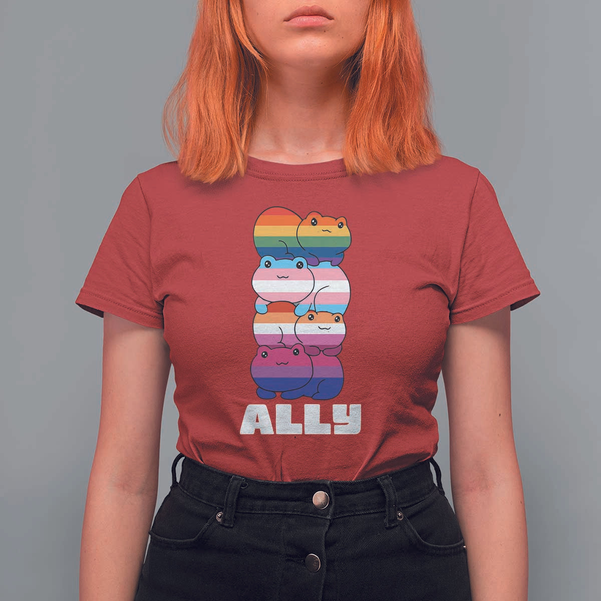 Colorful LGBTQ+ Ally Frogs Stack T Shirt For Women Kawaii Gay Pride Support
