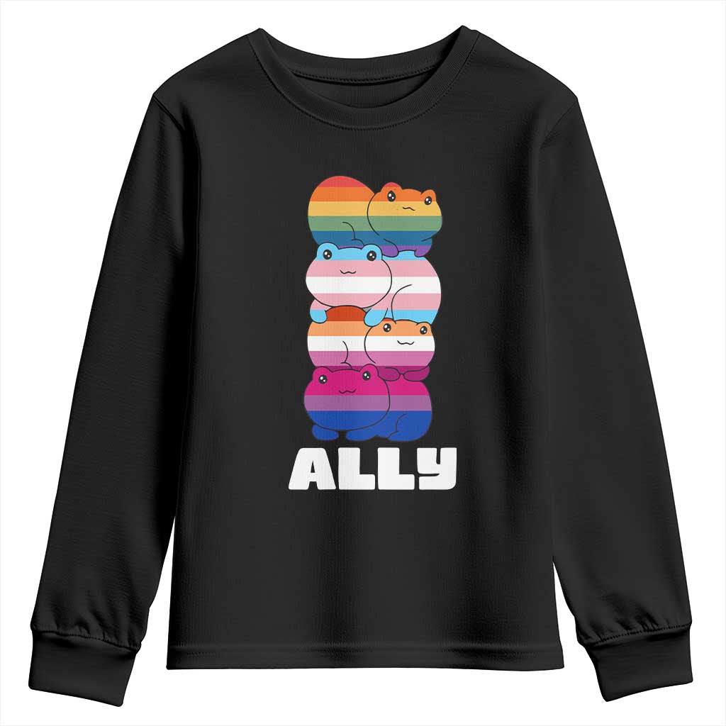 Colorful LGBTQ+ Ally Frogs Stack Youth Sweatshirt Kawaii Gay Pride Support