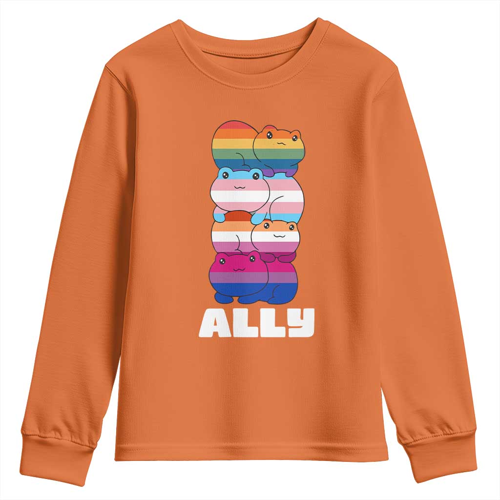Colorful LGBTQ+ Ally Frogs Stack Youth Sweatshirt Kawaii Gay Pride Support