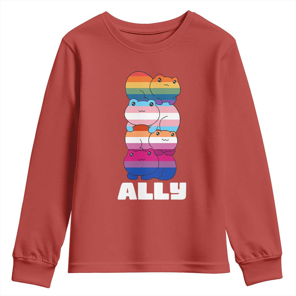 Colorful LGBTQ+ Ally Frogs Stack Youth Sweatshirt Kawaii Gay Pride Support