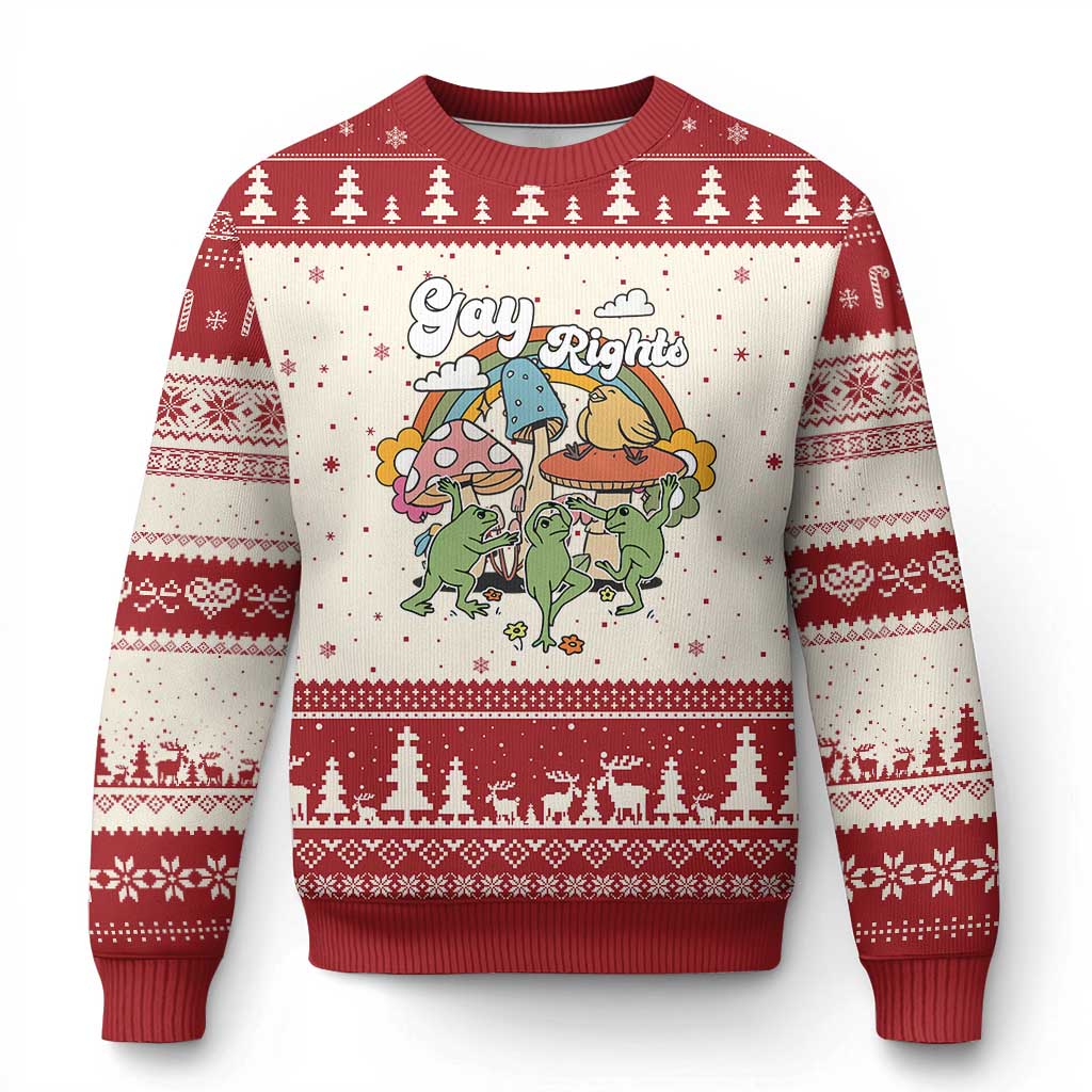 Cottagecore Dancing Frogs Ugly Christmas Sweater Say Gay Rainbow LGBT Pride Month - Wonder Print Shop