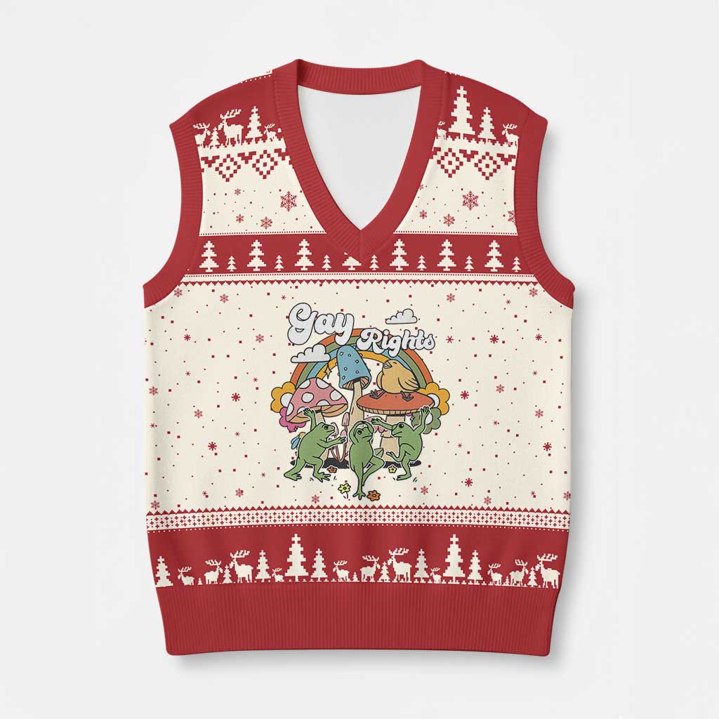 Cottagecore Dancing Frogs V-Neck Knit Sweater Vest Say Gay Rainbow LGBT Pride Month - Wonder Print Shop