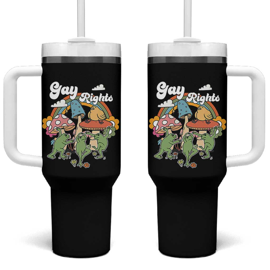 Cottagecore Dancing Frogs Tumbler With Handle Say Gay Rainbow LGBT Pride Month - Wonder Print Shop