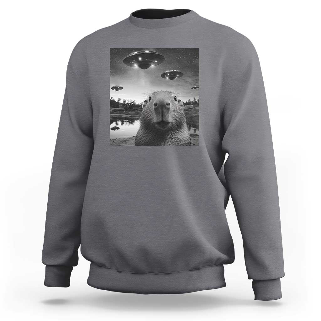 Funny Capybara Sweatshirt Selfie With UFOs Capy Meme Graphic - Wonder Print Shop