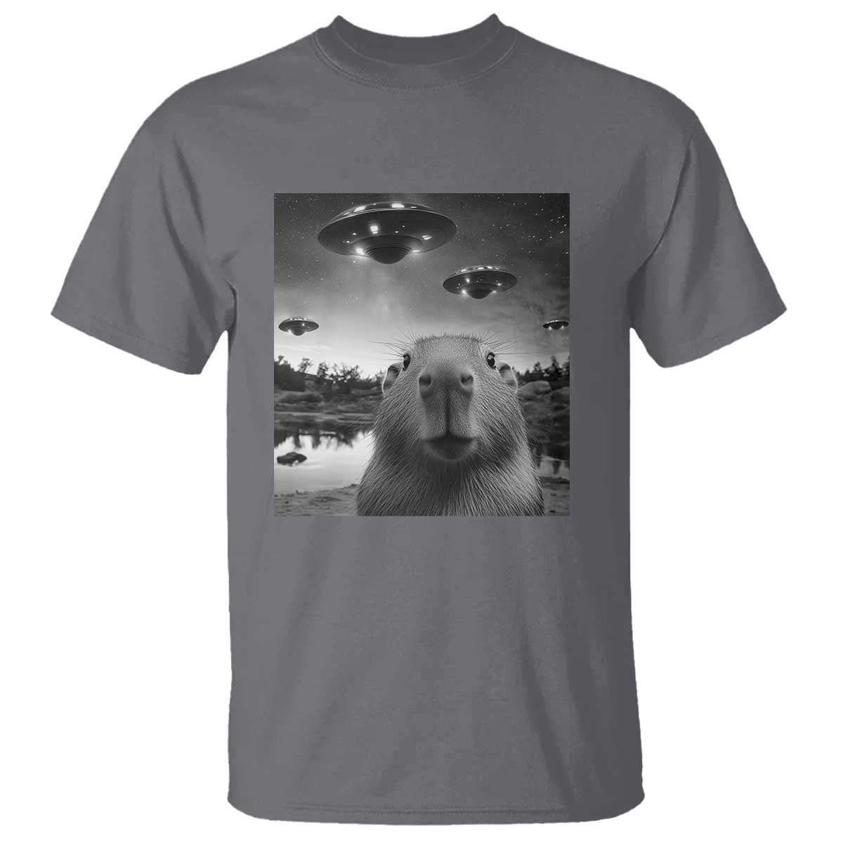 Funny Capybara T Shirt Selfie With UFOs Capy Meme Graphic - Wonder Print Shop