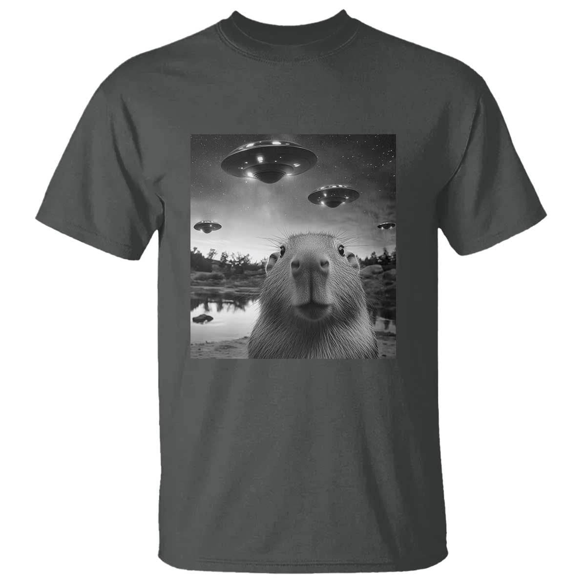 Funny Capybara T Shirt Selfie With UFOs Capy Meme Graphic - Wonder Print Shop