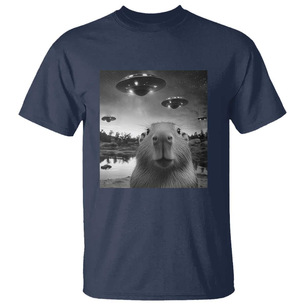 Funny Capybara T Shirt Selfie With UFOs Capy Meme Graphic - Wonder Print Shop