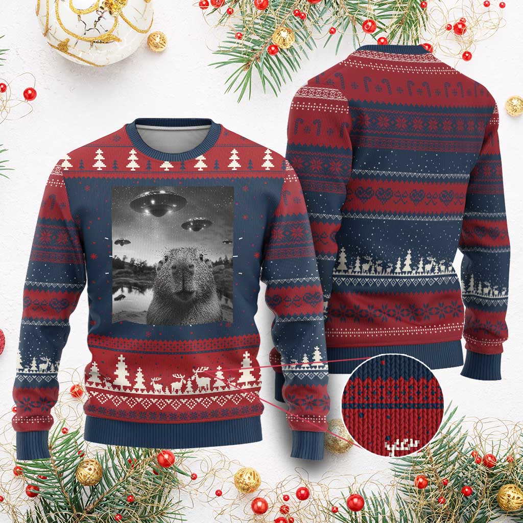Funny Capybara Ugly Christmas Sweater Selfie With UFOs Capy Meme Graphic - Wonder Print Shop