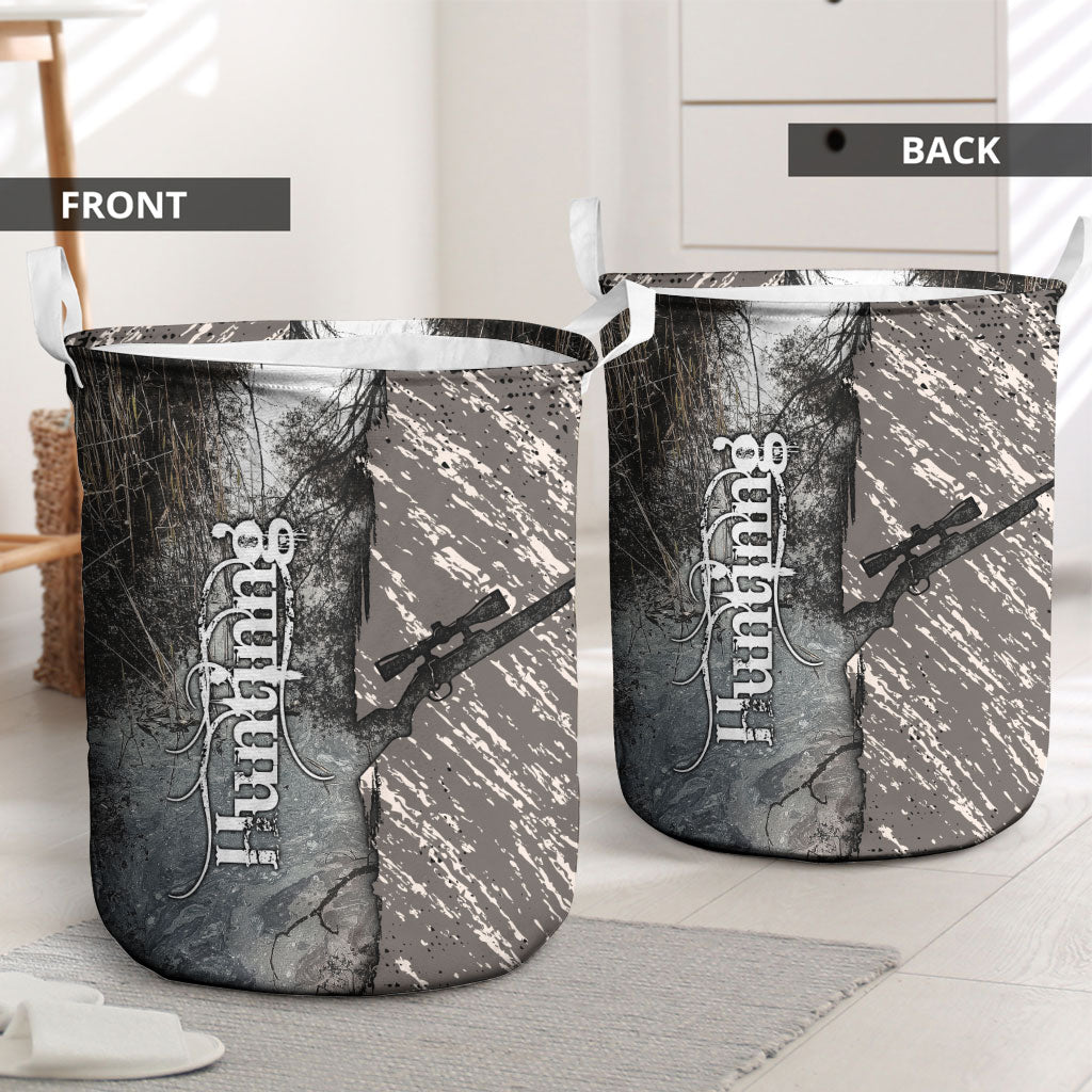 Hunting Rifle Laundry Basket Grunge Wilderness Marsh Scene with Rustic Outdoor