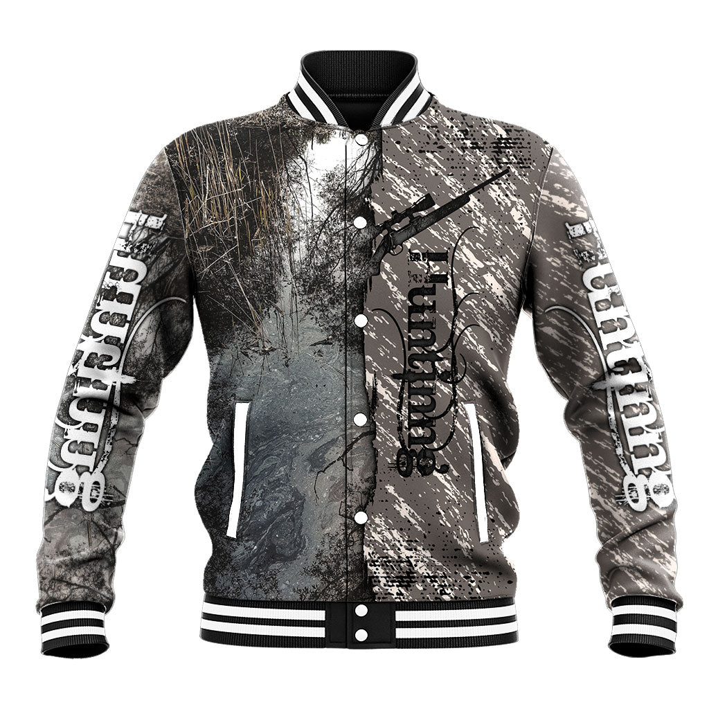 Hunting Rifle Baseball Jacket Grunge Wilderness Marsh Scene with Rustic Outdoor