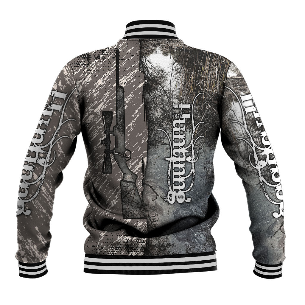 Hunting Rifle Baseball Jacket Grunge Wilderness Marsh Scene with Rustic Outdoor