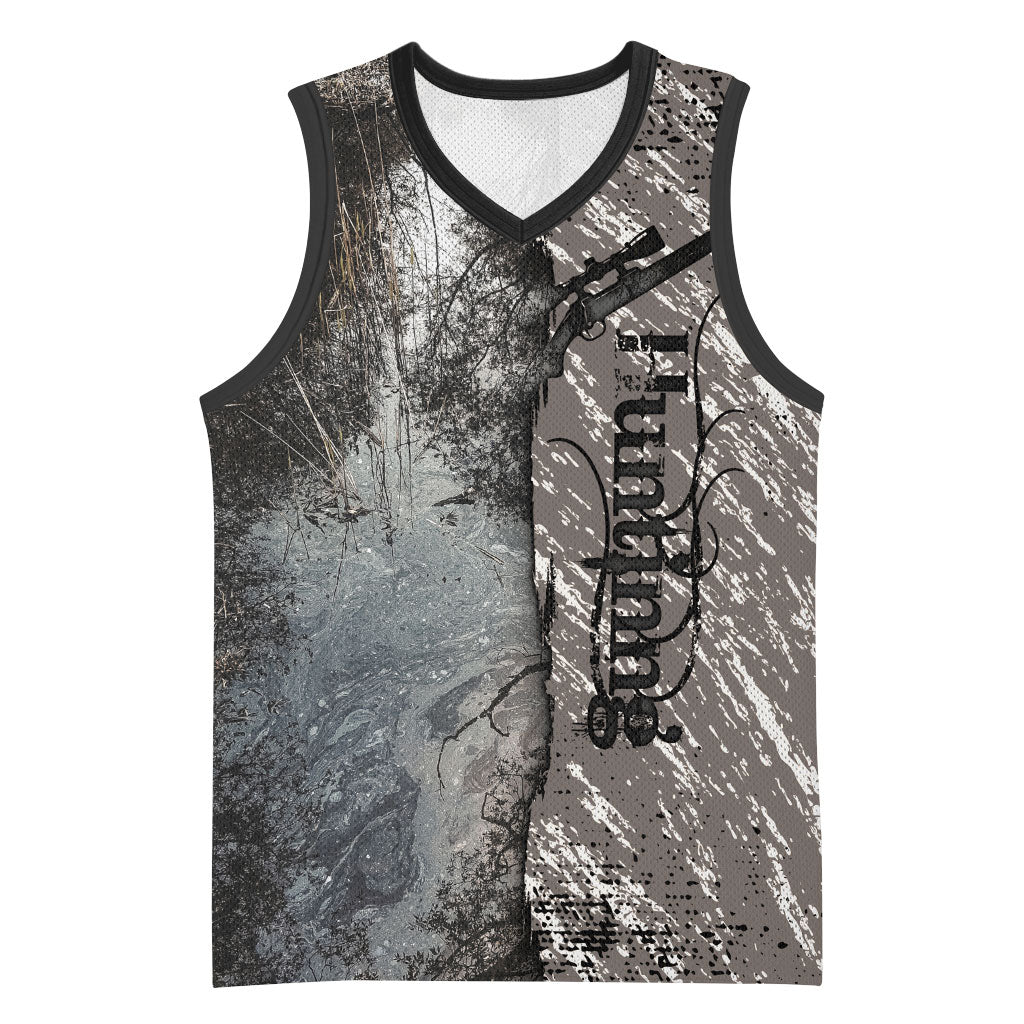 Hunting Rifle Basketball Jersey Grunge Wilderness Marsh Scene with Rustic Outdoor