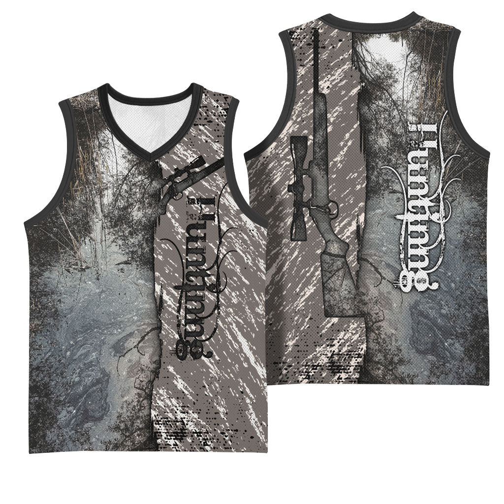 Hunting Rifle Basketball Jersey Grunge Wilderness Marsh Scene with Rustic Outdoor