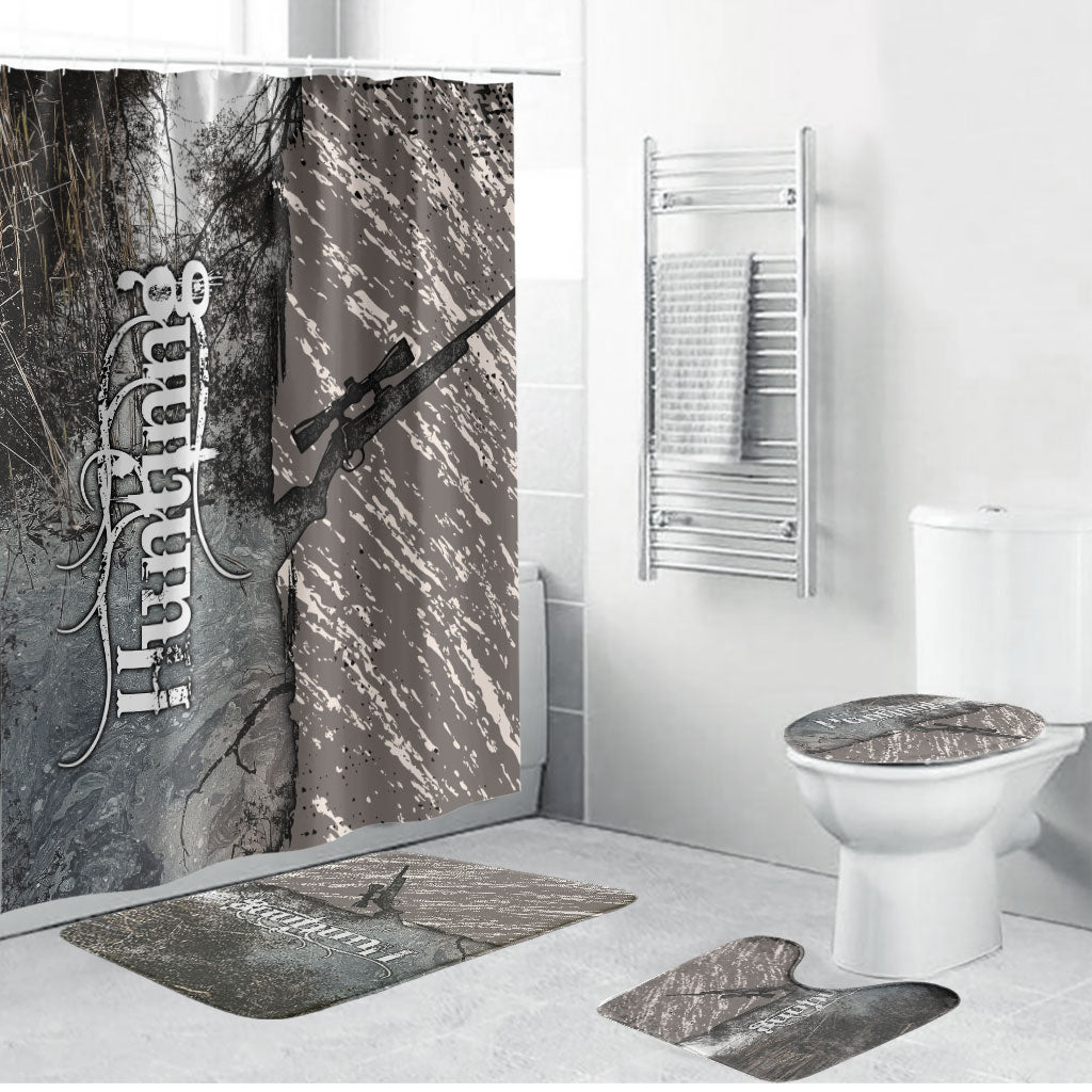 Hunting Rifle Bathroom Set Grunge Wilderness Marsh Scene with Rustic Outdoor