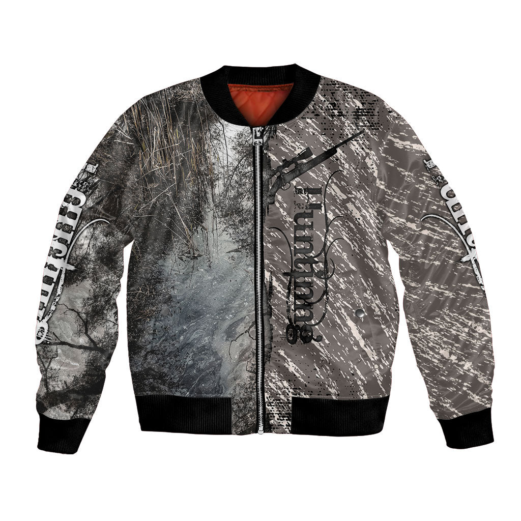 Hunting Rifle Bomber Jacket Grunge Wilderness Marsh Scene with Rustic Outdoor
