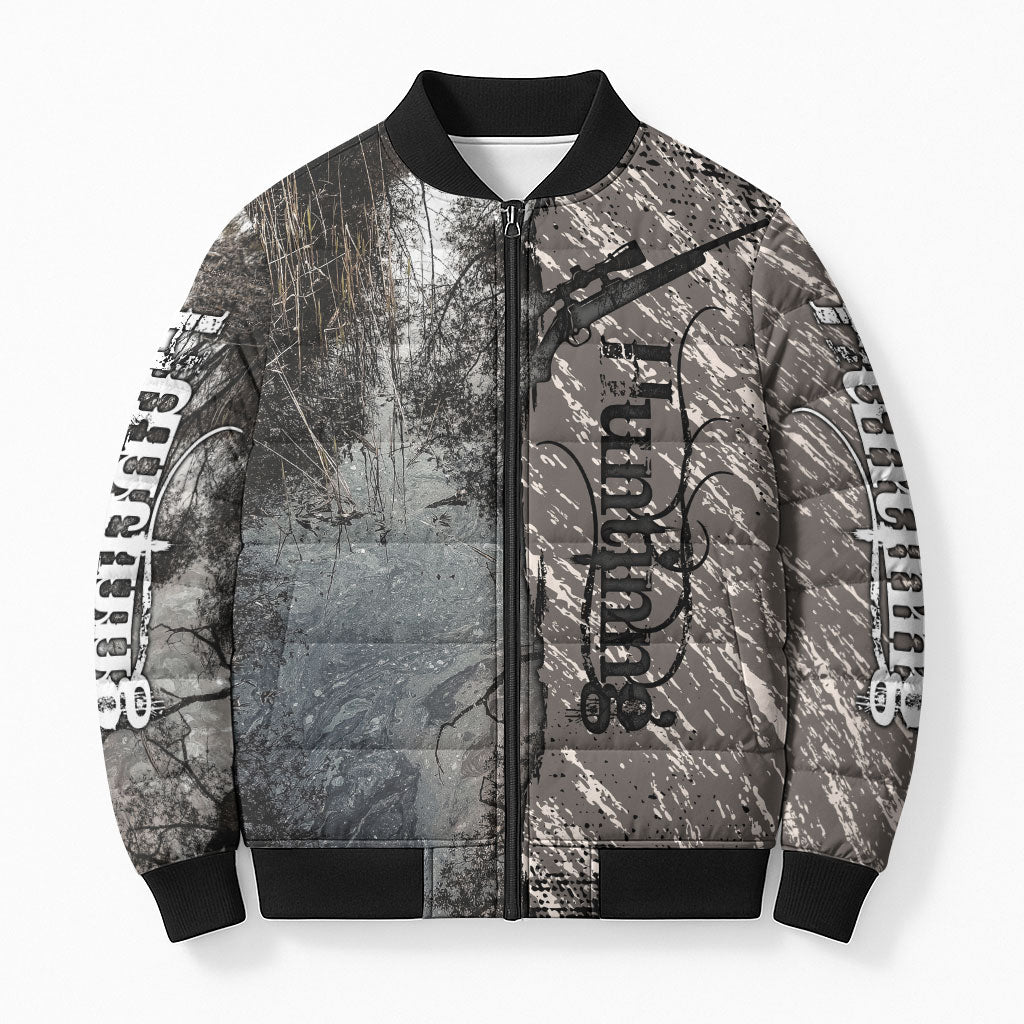 Hunting Rifle Bomber Puffer Jacket Grunge Wilderness Marsh Scene with Rustic Outdoor