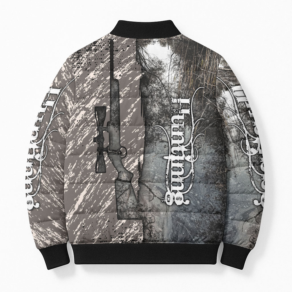 Hunting Rifle Bomber Puffer Jacket Grunge Wilderness Marsh Scene with Rustic Outdoor