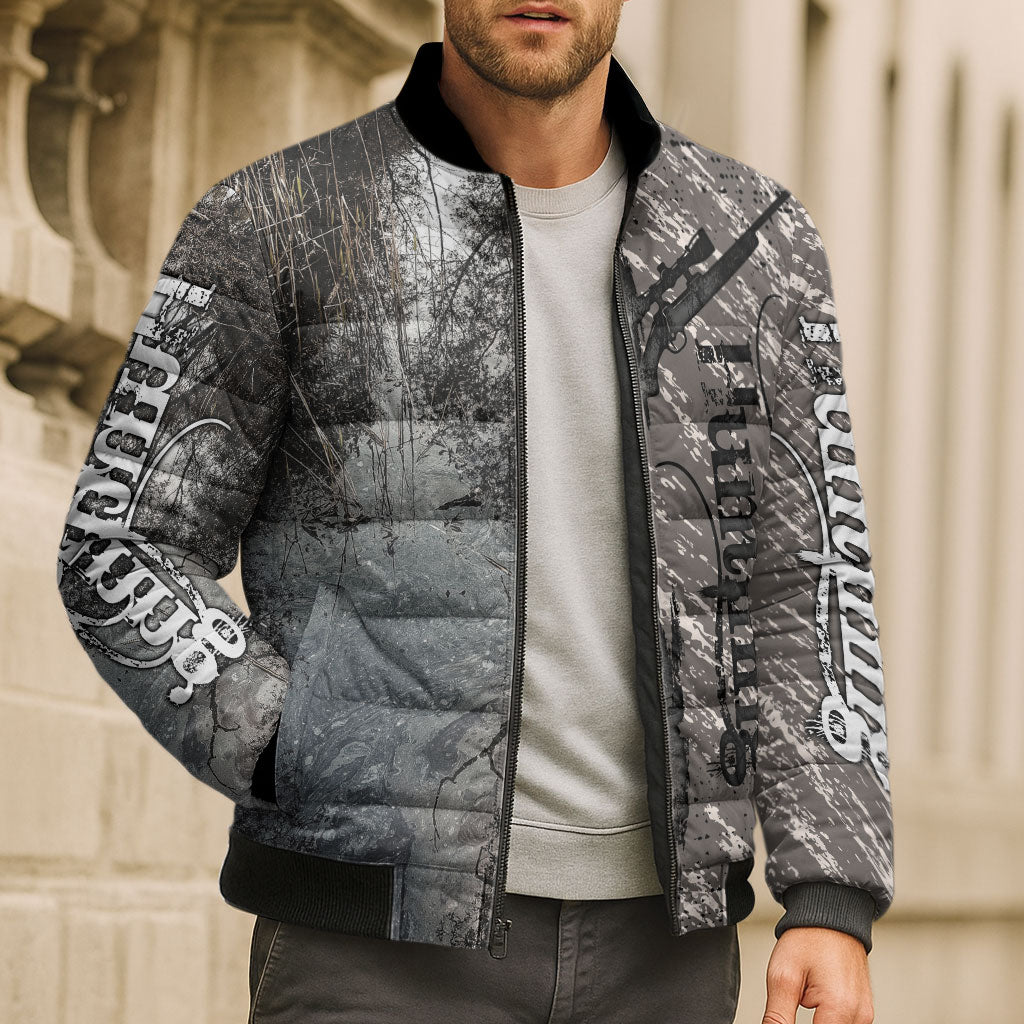 Hunting Rifle Bomber Puffer Jacket Grunge Wilderness Marsh Scene with Rustic Outdoor