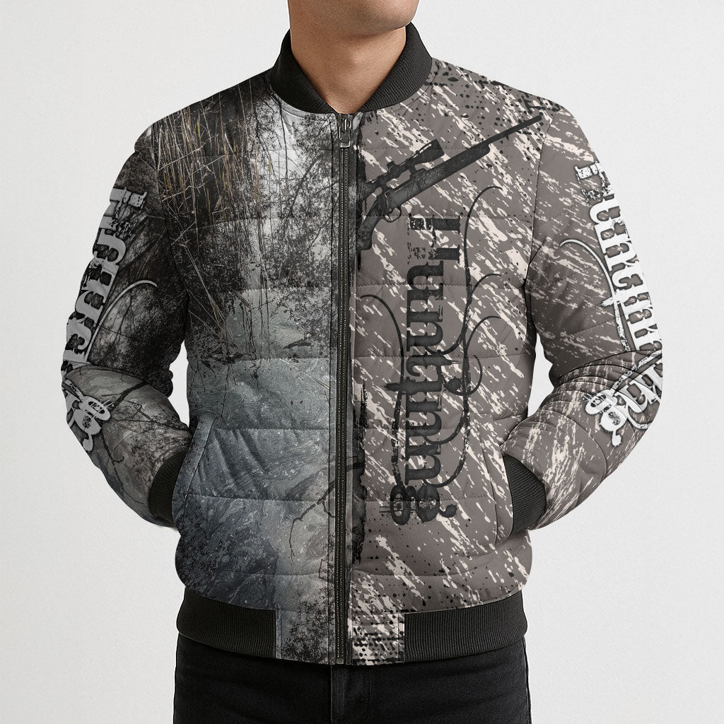 Hunting Rifle Bomber Puffer Jacket Grunge Wilderness Marsh Scene with Rustic Outdoor