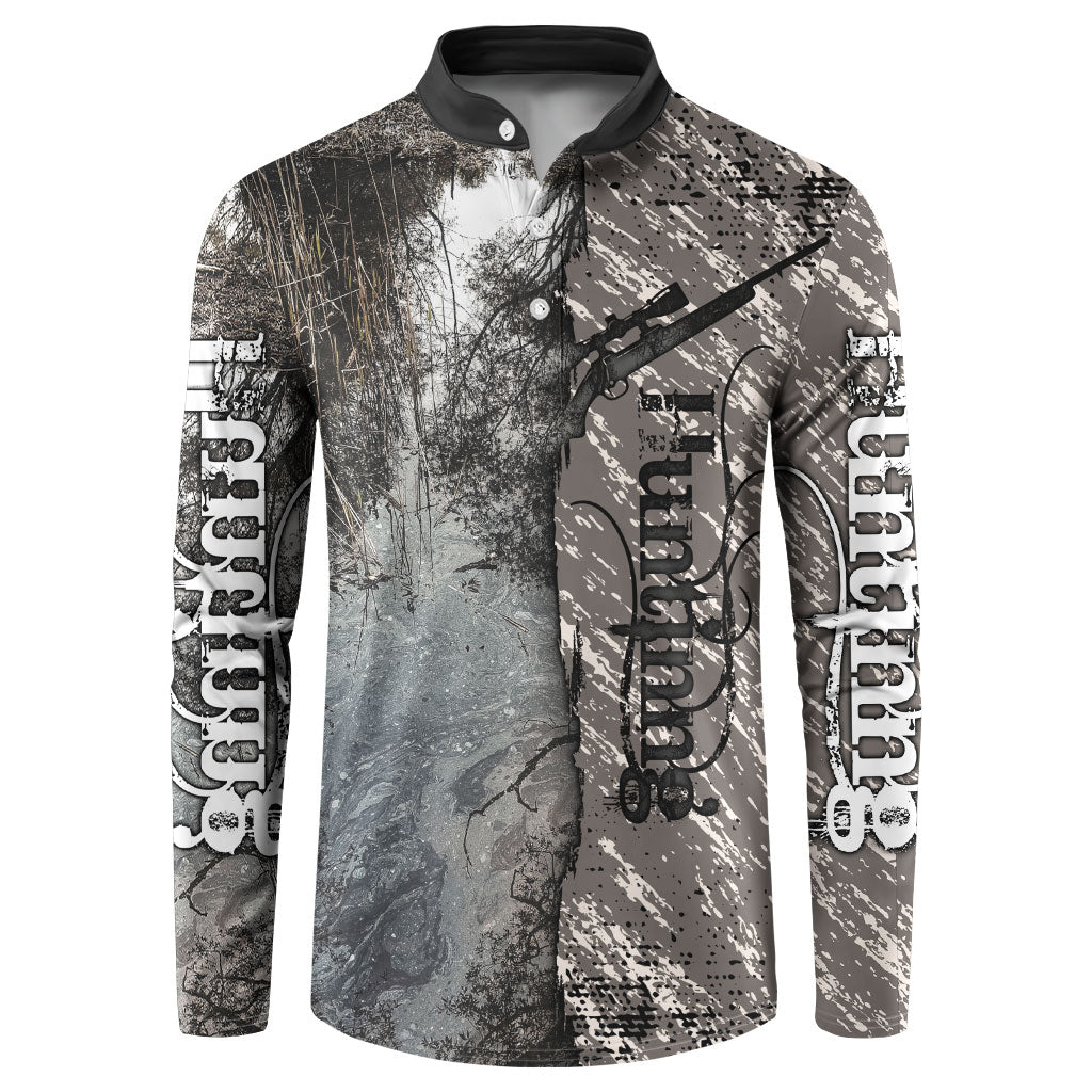 Hunting Rifle Button Sweatshirt Grunge Wilderness Marsh Scene with Rustic Outdoor
