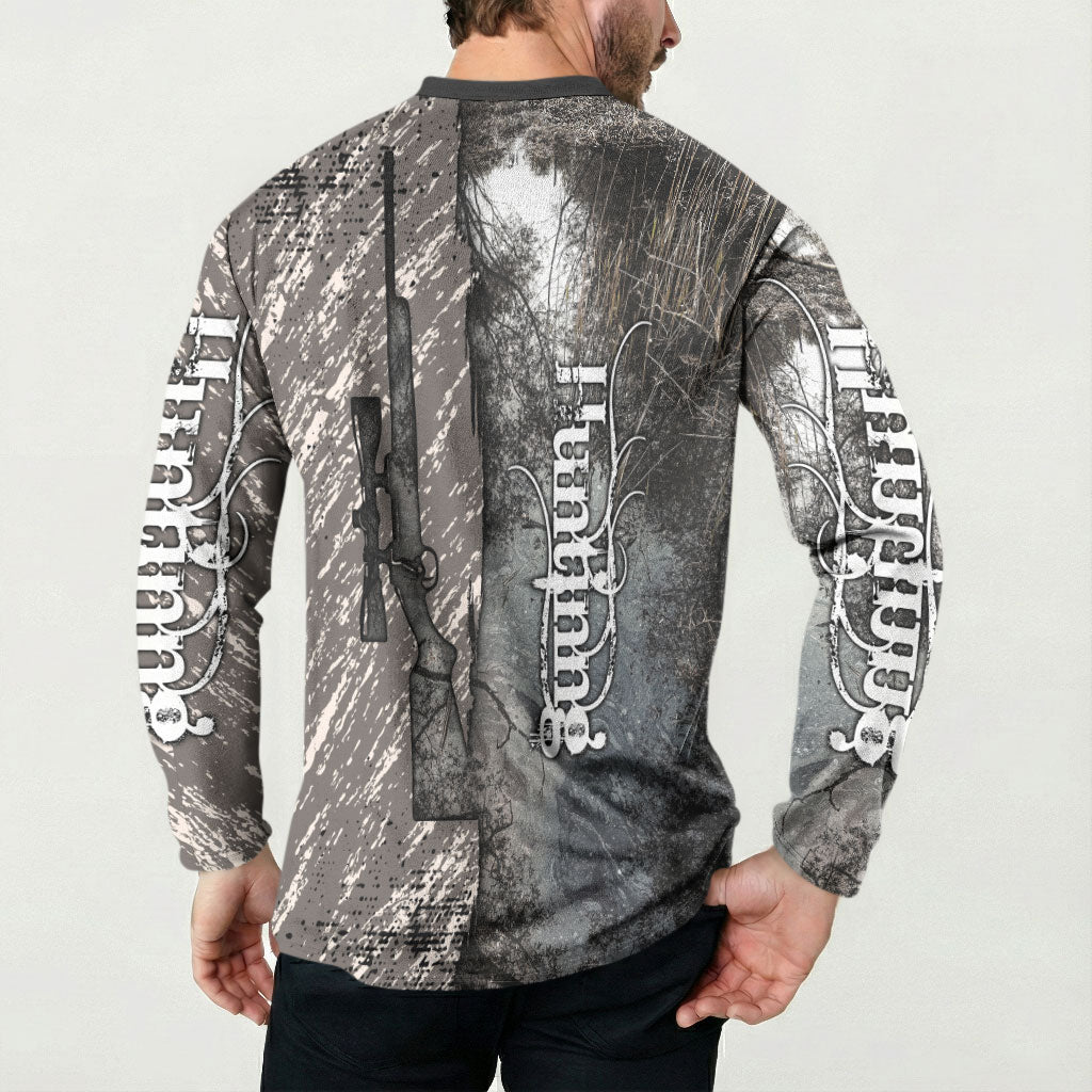 Hunting Rifle Button Sweatshirt Grunge Wilderness Marsh Scene with Rustic Outdoor