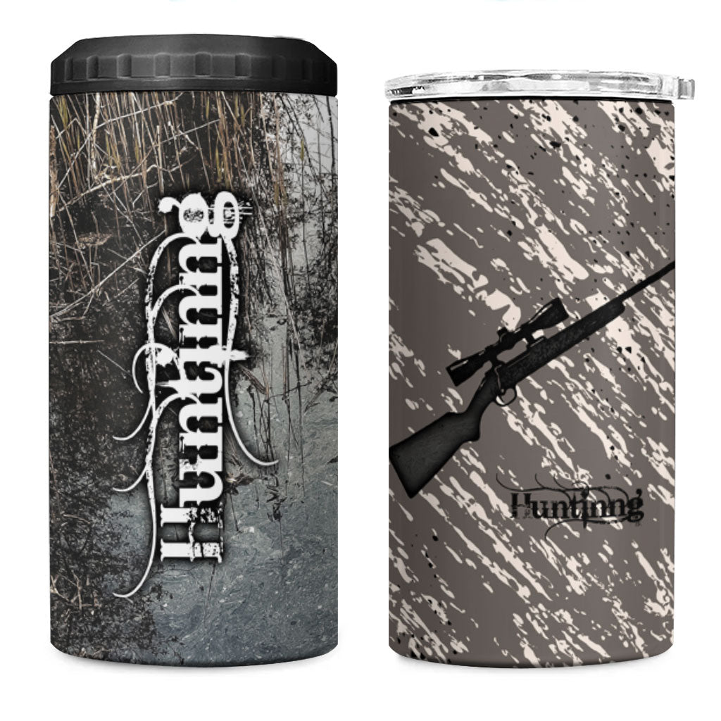 Hunting Rifle 4 in 1 Can Cooler Tumbler Grunge Wilderness Marsh Scene with Rustic Outdoor