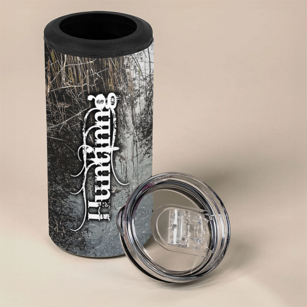 Hunting Rifle 4 in 1 Can Cooler Tumbler Grunge Wilderness Marsh Scene with Rustic Outdoor