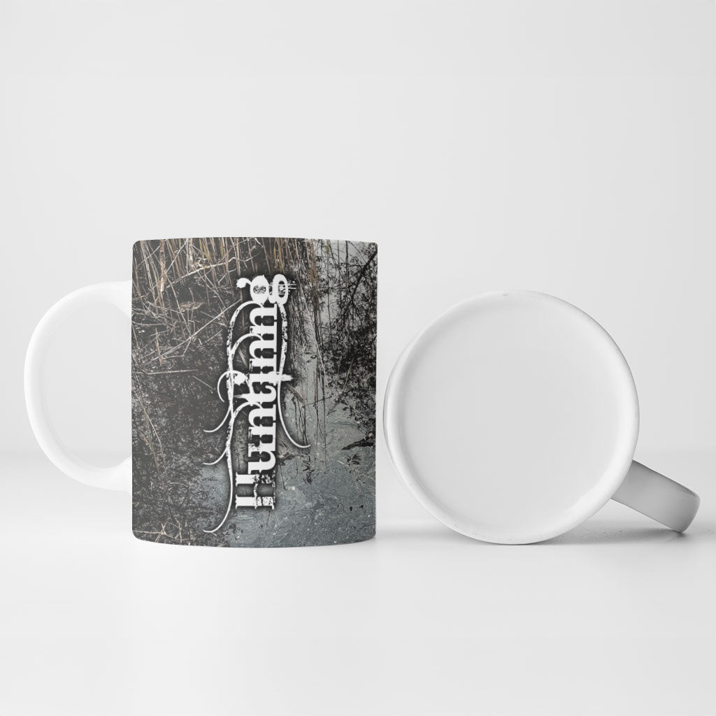 Hunting Rifle Ceramic Mug Grunge Wilderness Marsh Scene with Rustic Outdoor