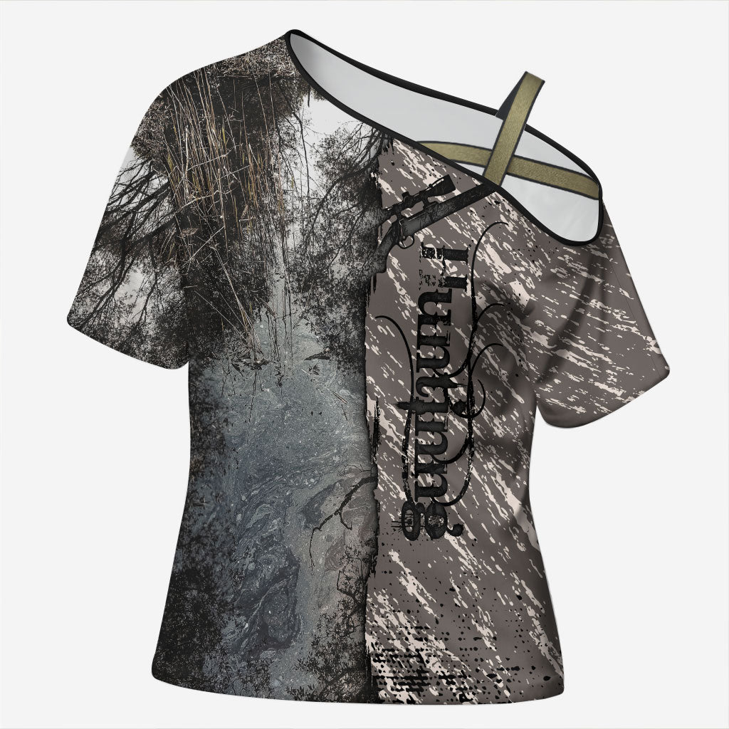 Hunting Rifle Cross Shoulder Shirt Grunge Wilderness Marsh Scene with Rustic Outdoor