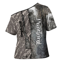 Hunting Rifle Cross Shoulder Shirt Grunge Wilderness Marsh Scene with Rustic Outdoor