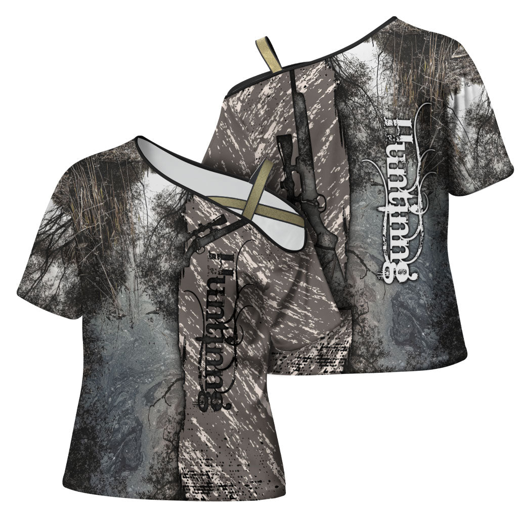 Hunting Rifle Cross Shoulder Shirt Grunge Wilderness Marsh Scene with Rustic Outdoor