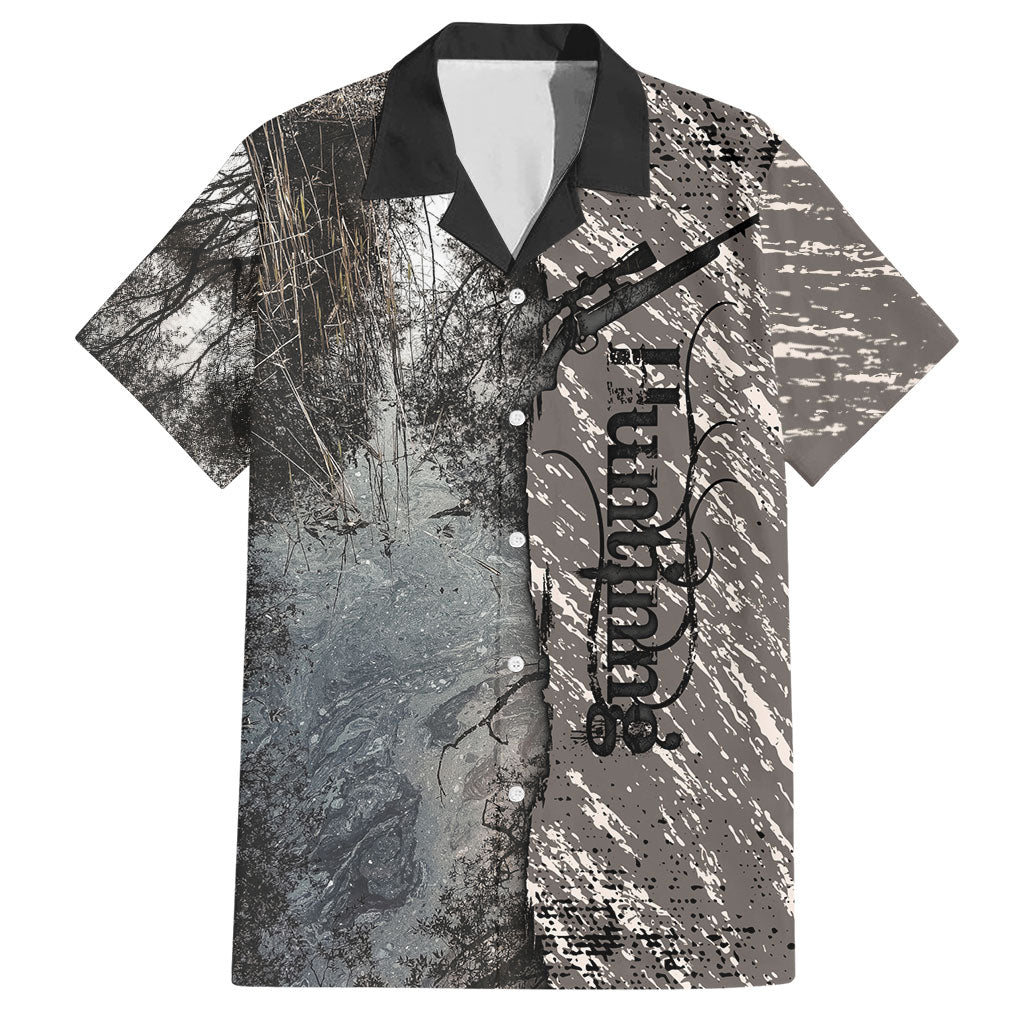 Hunting Rifle Hawaiian Shirt Grunge Wilderness Marsh Scene with Rustic Outdoor